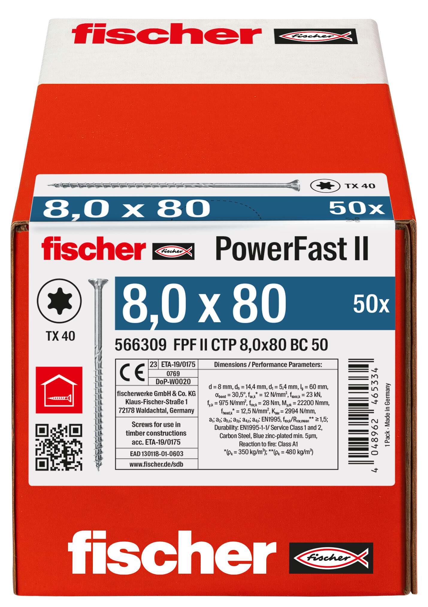 Verpackung: "fischer PowerFast FPF II CTP 8,0 x 80 BC 50 Senkkopf mit Innenstern TX Teilgewinde galvanisch verzinkt blau passiviert"