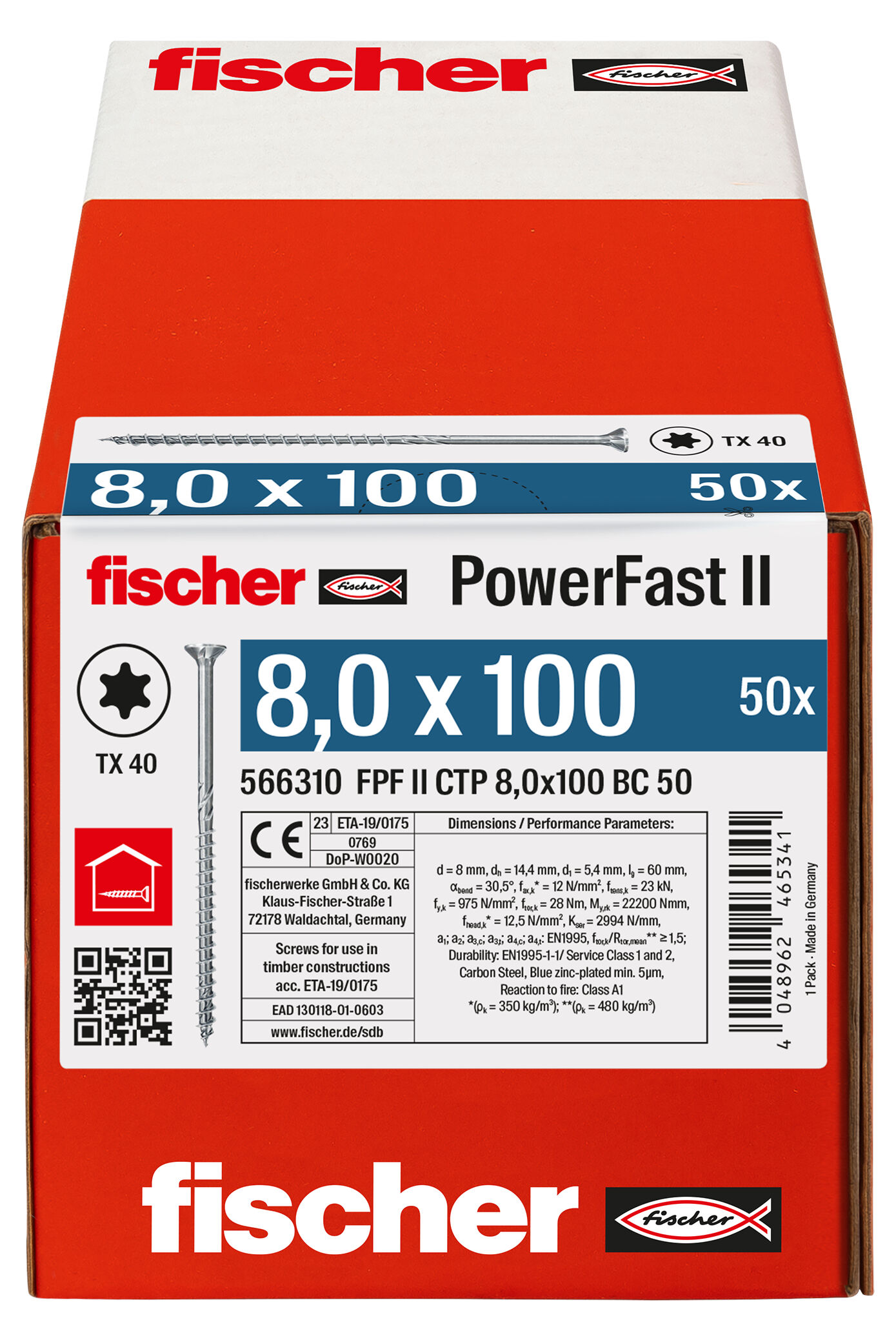 Verpackung: "fischer PowerFast FPF II CTP 8,0 x 100 BC 50 Senkkopf mit Innenstern TX Teilgewinde galvanisch verzinkt blau passiviert"