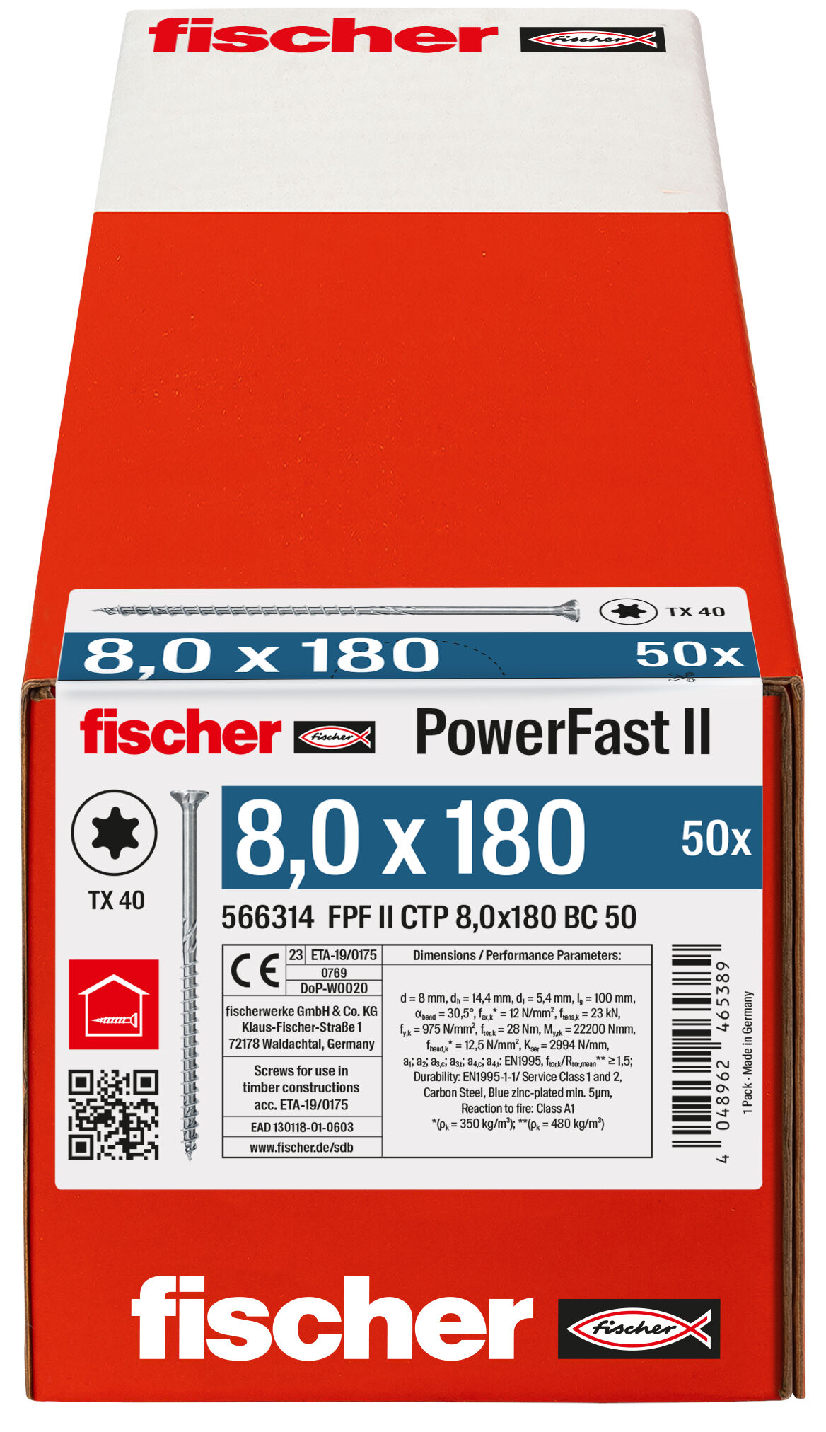 Verpackung: "fischer PowerFast FPF II CTP 8,0 x 180 BC 50 Senkkopf mit Innenstern TX Teilgewinde galvanisch verzinkt blau passiviert"