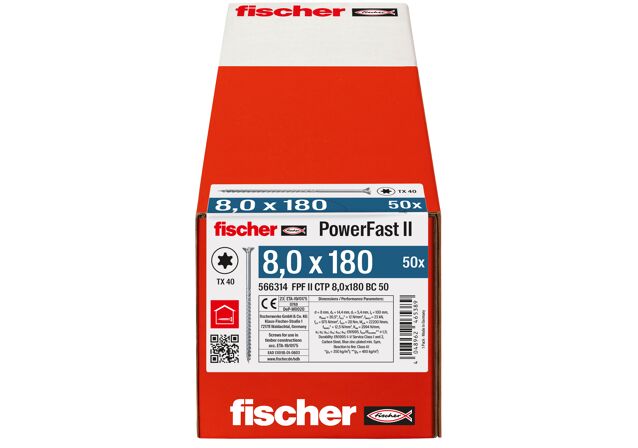 Verpackung: "fischer Holzbauschraube PowerFast FPF II CTP 8,0 x 180 BC 50, Senkkopf, TX Antrieb, Teilgewinde, blau passiviert, galvanisch verzinkt, 50 Stück"