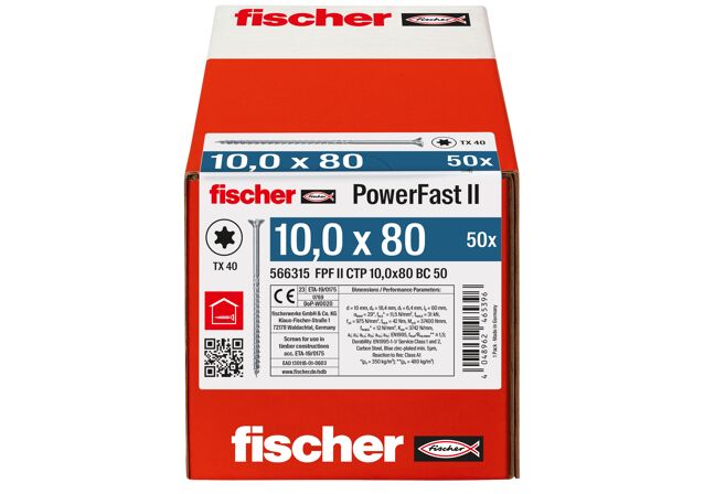 Verpackung: "fischer Holzbauschraube PowerFast FPF II CTP 10,0 x 80 BC 50, Senkkopf, TX Antrieb, Teilgewinde, blau passiviert, galvanisch verzinkt, 50 Stück"