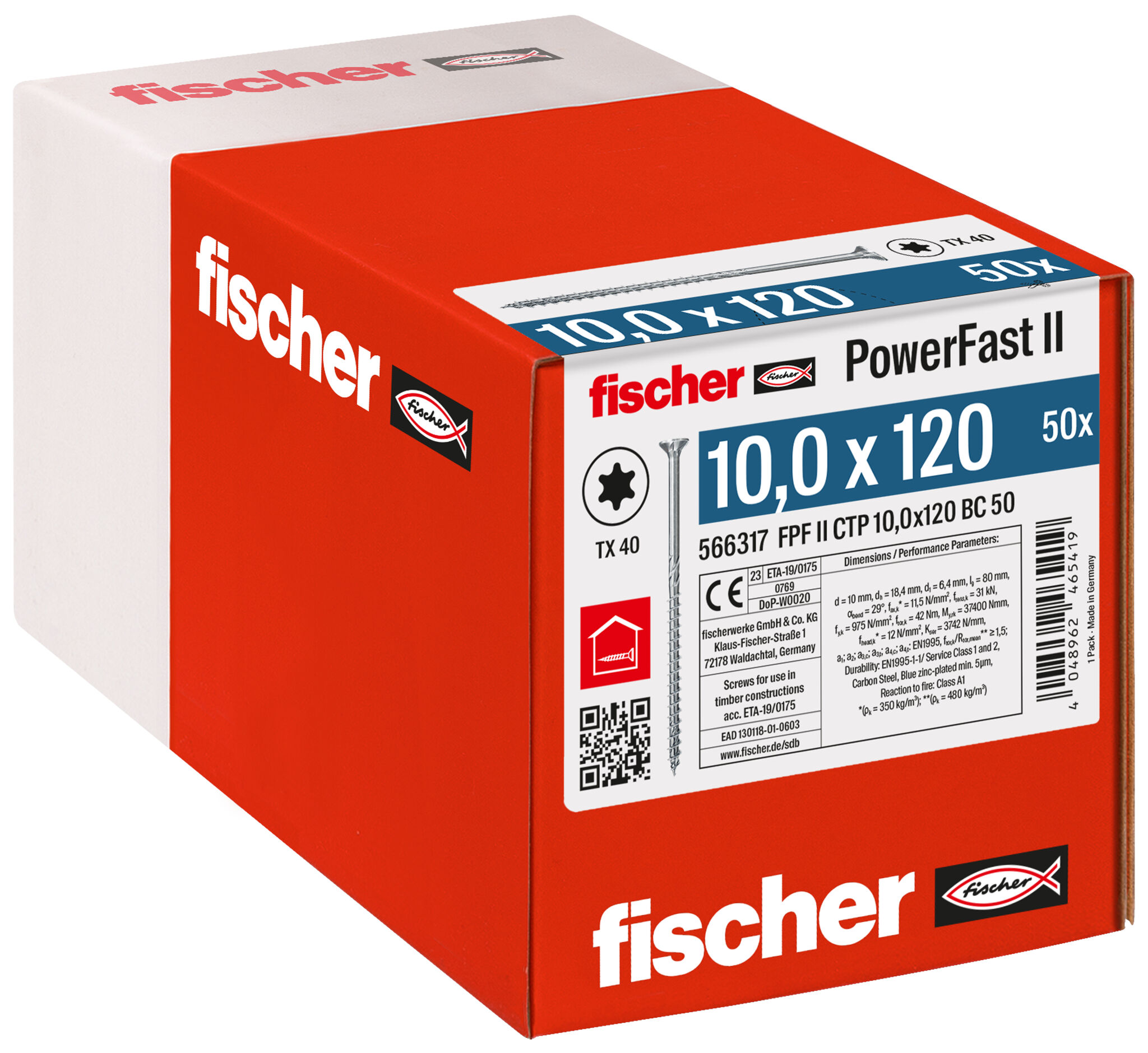 Verpackung: "fischer PowerFast FPF II CTP 10,0 x 120 BC 50 Senkkopf mit Innenstern TX Teilgewinde galvanisch verzinkt blau passiviert"