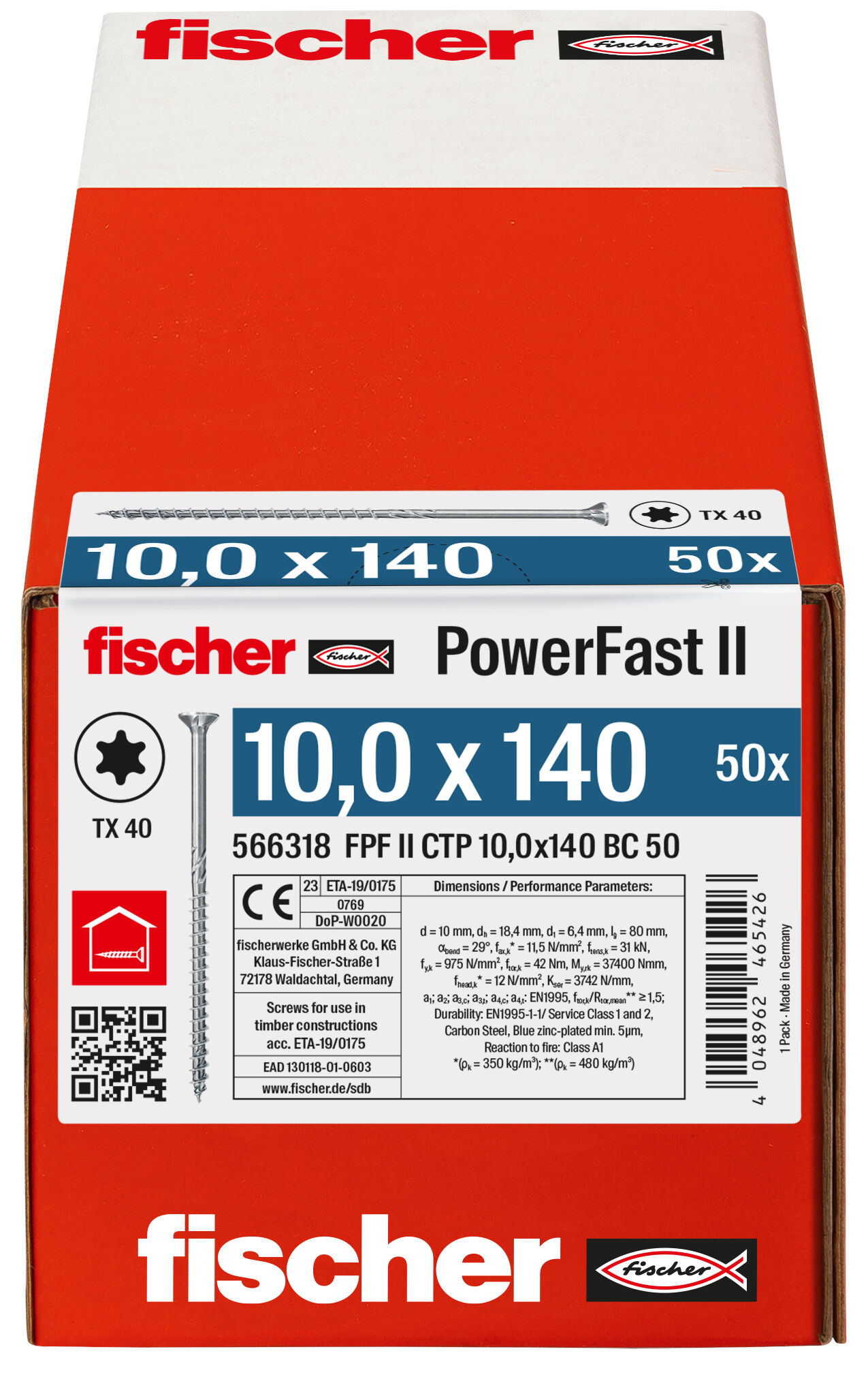 Packaging: "fischer PowerFast FPF II CTP 10.0 x 140 BC 50 countersunk head TX star recess partial thread blue zinc plated"