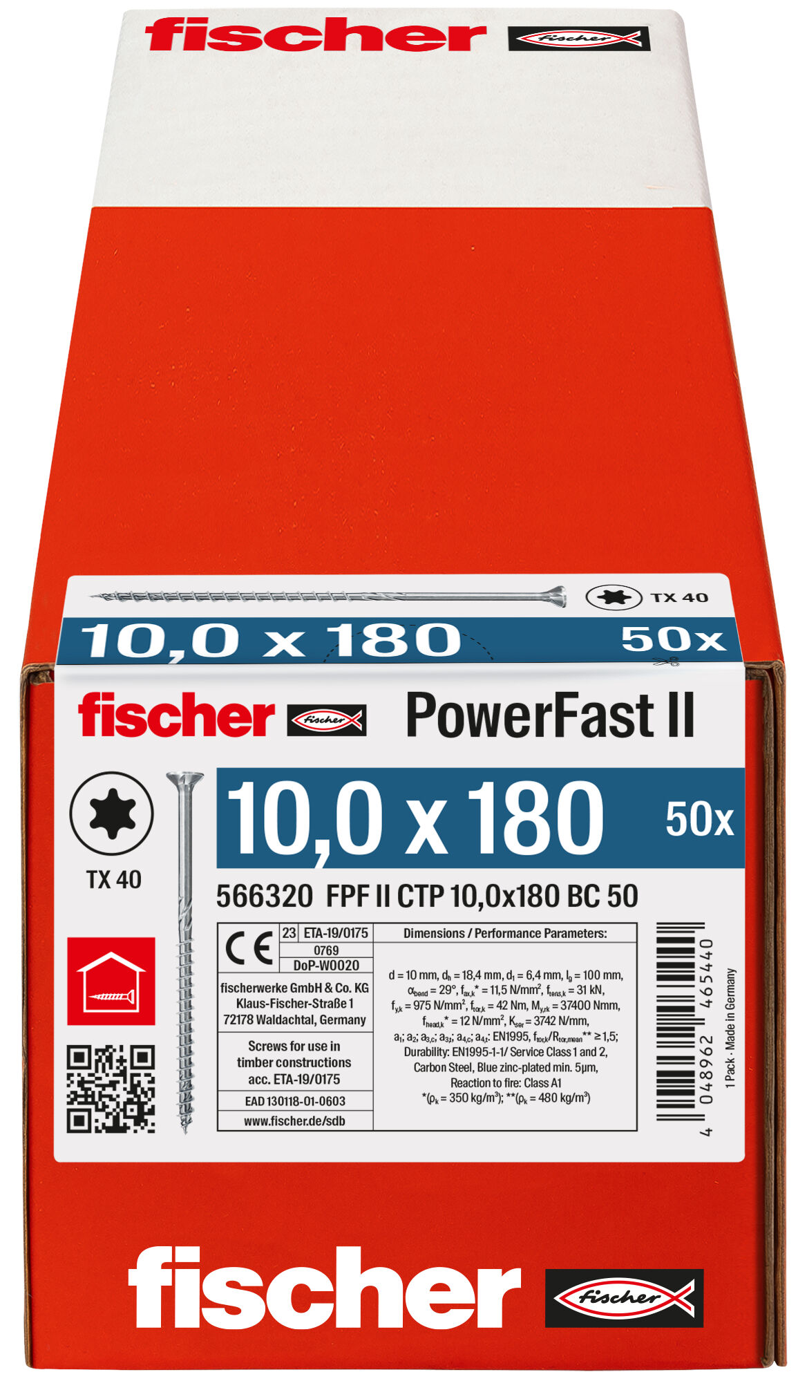 Verpackung: "fischer PowerFast FPF II CTP 10,0 x 180 BC 50 Senkkopf mit Innenstern TX Teilgewinde galvanisch verzinkt blau passiviert"