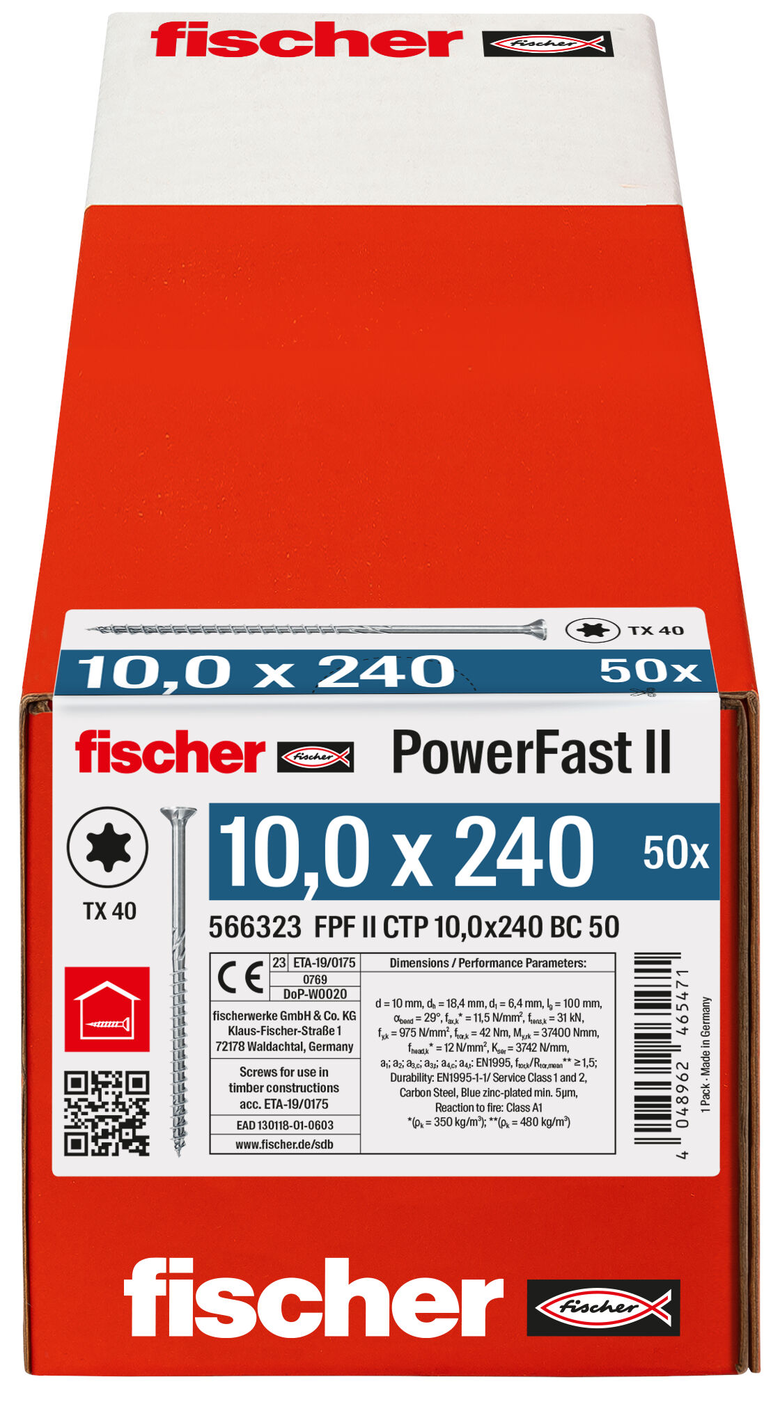 Verpackung: "fischer PowerFast FPF II CTP 10,0 x 240 BC 50 Senkkopf mit Innenstern TX Teilgewinde galvanisch verzinkt blau passiviert"