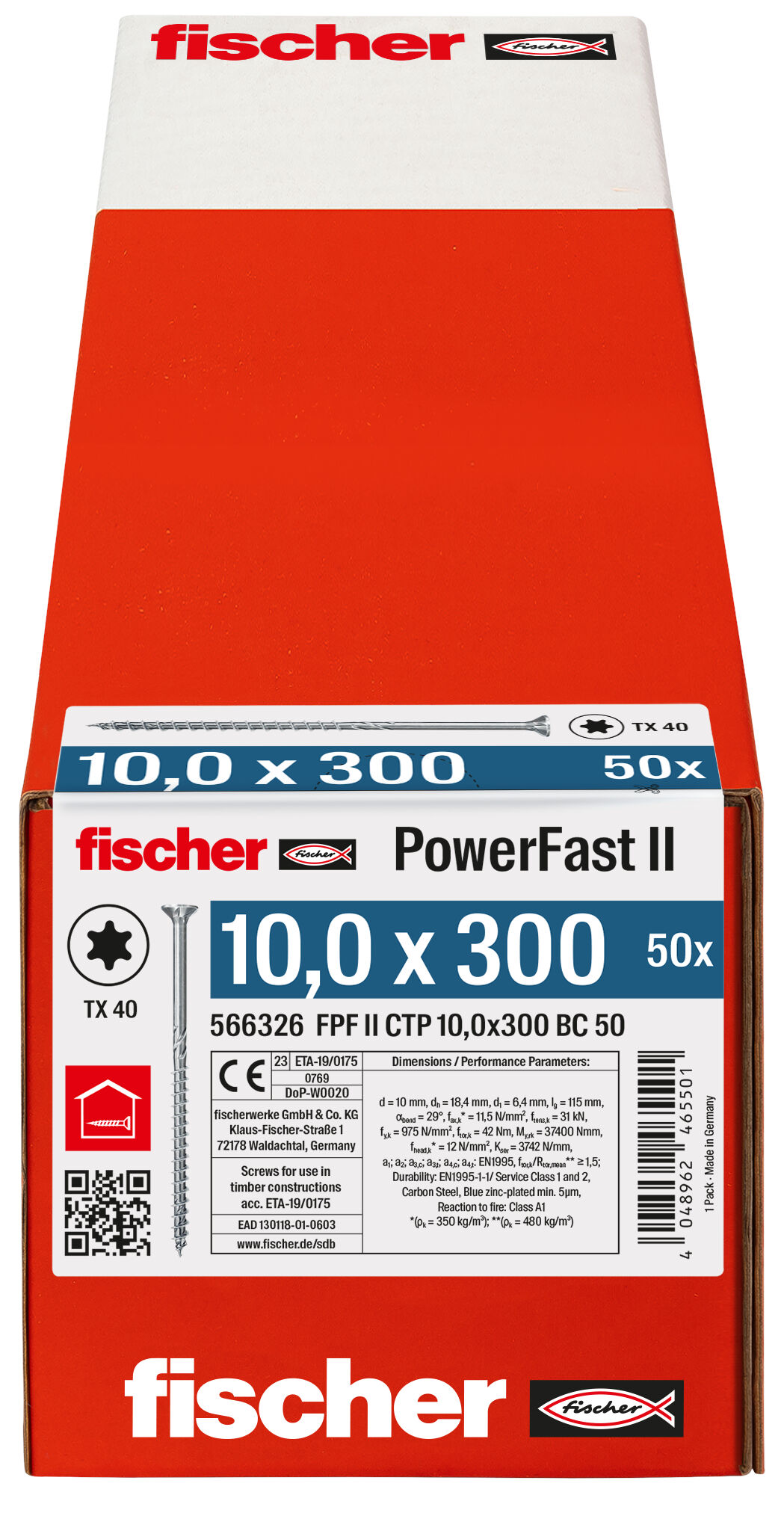 Verpackung: "fischer PowerFast FPF II CTP 10,0 x 300 BC 50 Senkkopf mit Innenstern TX Teilgewinde galvanisch verzinkt blau passiviert"