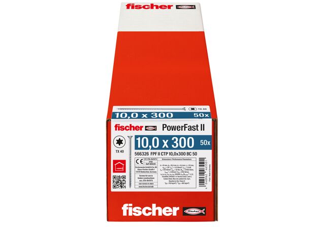 Verpackung: "fischer Holzbauschraube PowerFast FPF II CTP 10,0 x 300 BC 50, Senkkopf, TX Antrieb, Teilgewinde, blau passiviert, galvanisch verzinkt, 50 Stück"