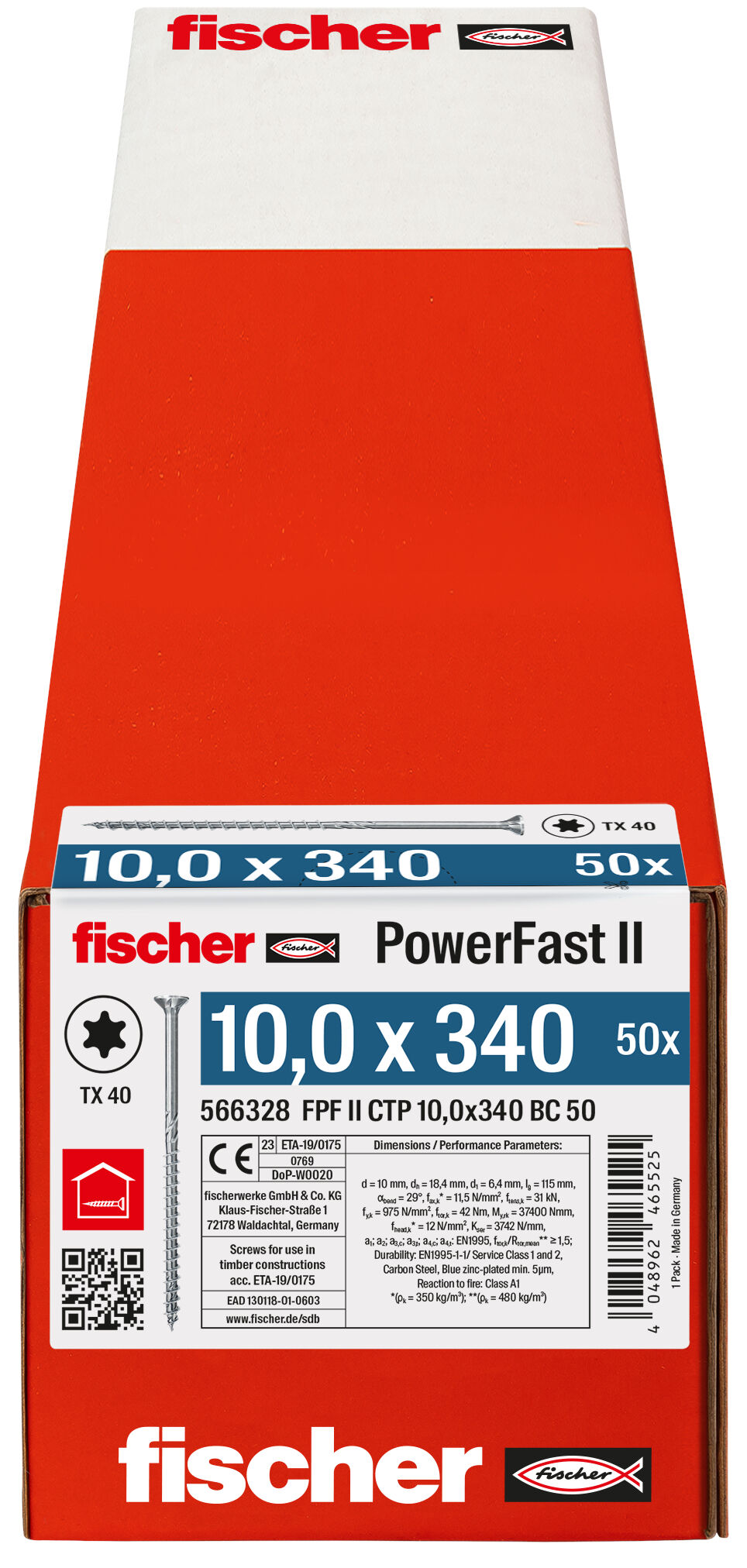 Verpackung: "fischer PowerFast FPF II CTP 10,0 x 340 BC 50 Senkkopf mit Innenstern TX Teilgewinde galvanisch verzinkt blau passiviert"
