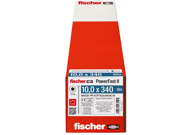 Verpackung: "fischer Holzbauschraube PowerFast FPF II CTP 10,0 x 340 BC 50, Senkkopf, TX Antrieb, Teilgewinde, blau passiviert, galvanisch verzinkt, 50 Stück"