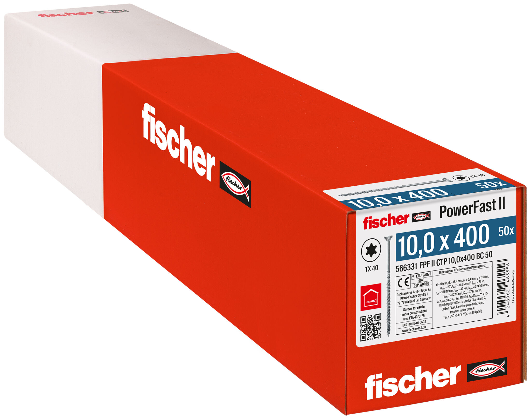 Verpackung: "fischer PowerFast FPF II CTP 10,0 x 400 BC 50 Senkkopf mit Innenstern TX Teilgewinde galvanisch verzinkt blau passiviert"
