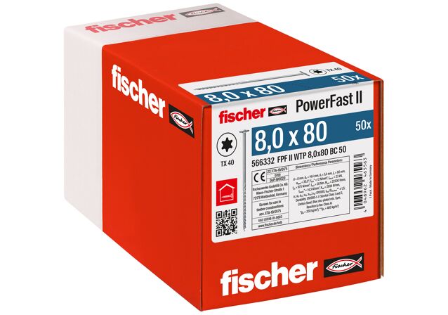Verpackung: "fischer Holzbauschraube PowerFast FPF II WTP 8,0 x 80 BC 50, Tellerkopf, TX Antrieb, Teilgewinde, blau passiviert, galvanisch verzinkt, 50 Stück"