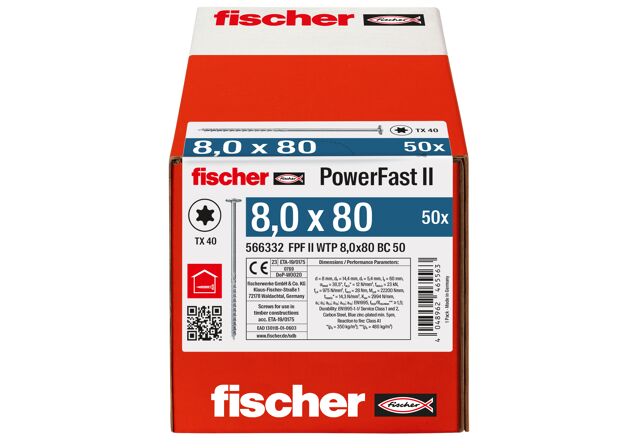 Verpackung: "fischer Holzbauschraube PowerFast FPF II WTP 8,0 x 80 BC 50, Tellerkopf, TX Antrieb, Teilgewinde, blau passiviert, galvanisch verzinkt, 50 Stück"