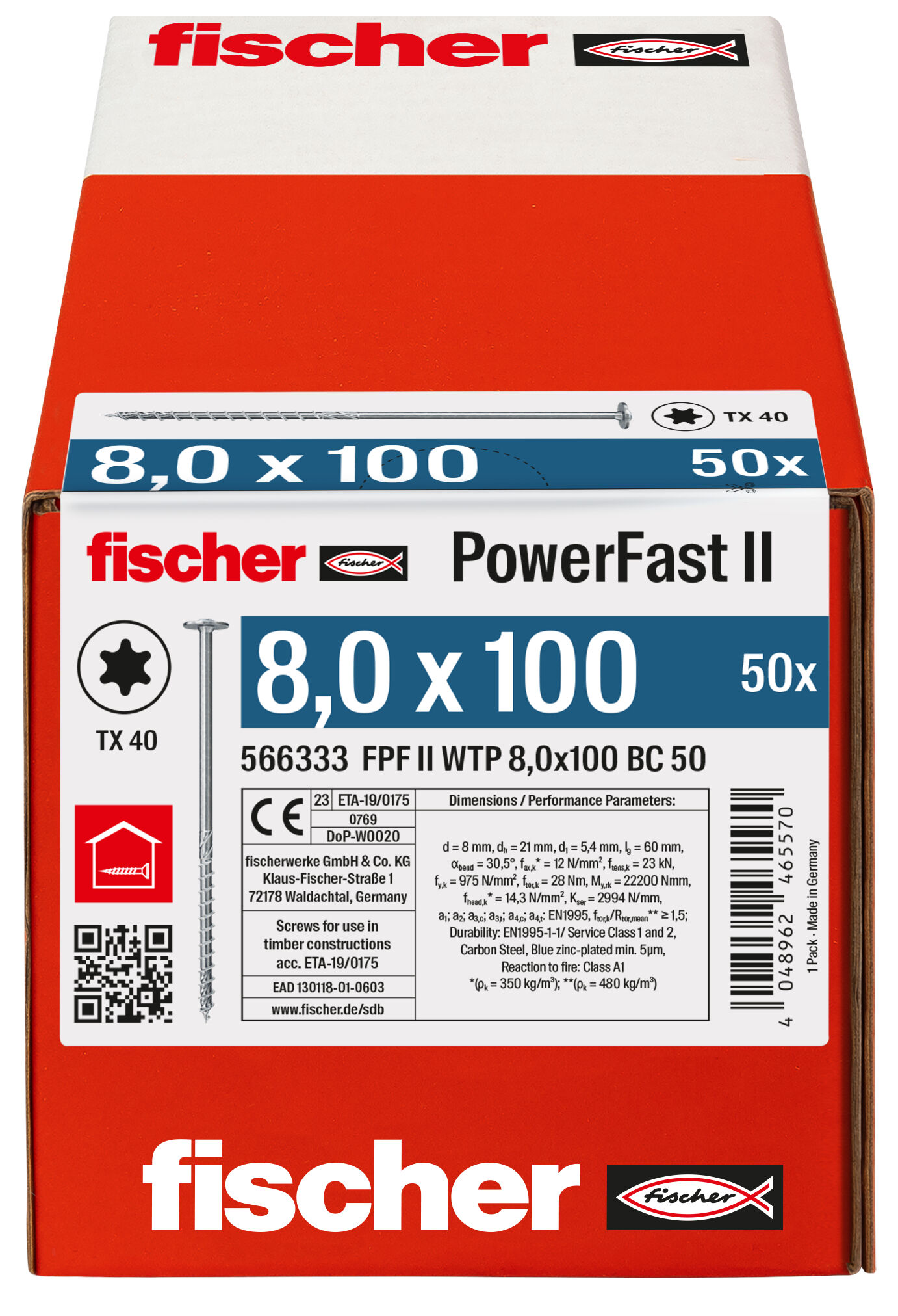 Verpackung: "fischer PowerFast FPF II WTP 8,0 x 100 BC 50 Tellerkopf mit Innenstern TX Teilgewinde galvanisch verzinkt blau passiviert"