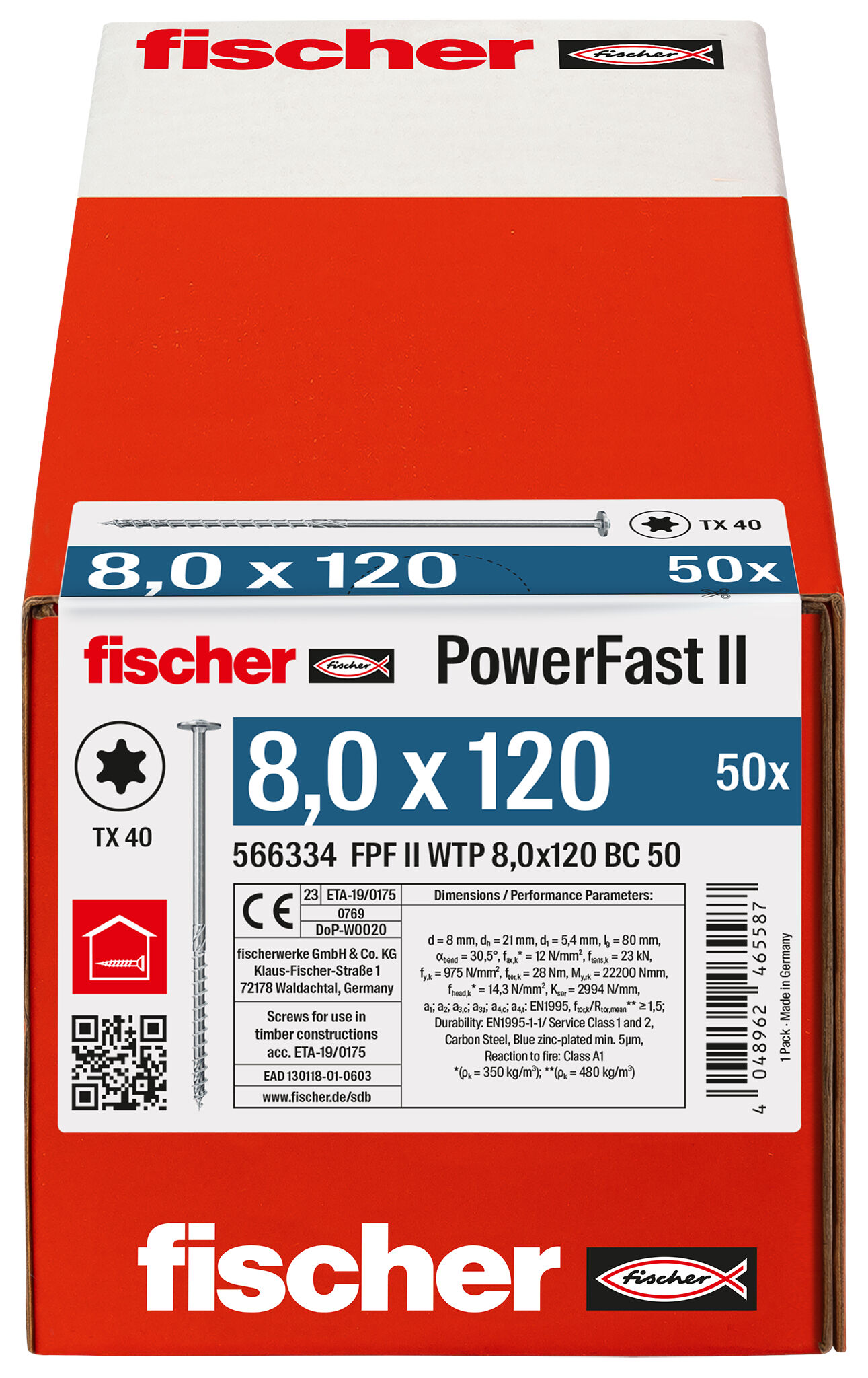 Verpackung: "fischer PowerFast FPF II WTP 8,0 x 120 BC 50 Tellerkopf mit Innenstern TX Teilgewinde galvanisch verzinkt blau passiviert"