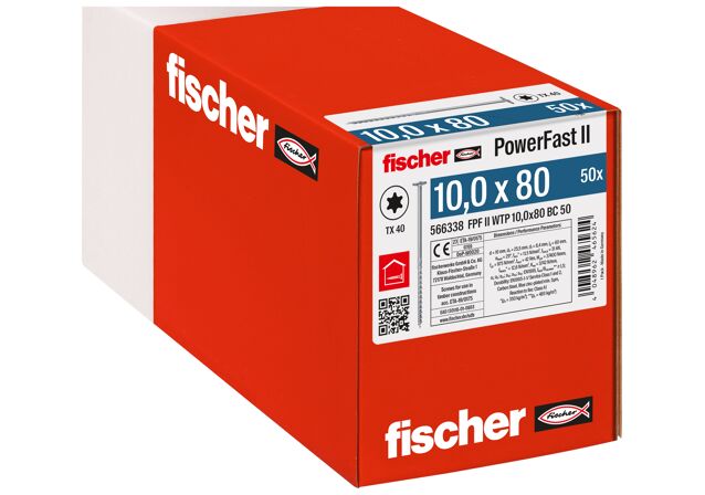 Verpackung: "fischer Holzbauschraube PowerFast FPF II WTP 10,0 x 80 BC 50, Tellerkopf, TX Antrieb, Teilgewinde, blau passiviert, galvanisch verzinkt, 50 Stück"