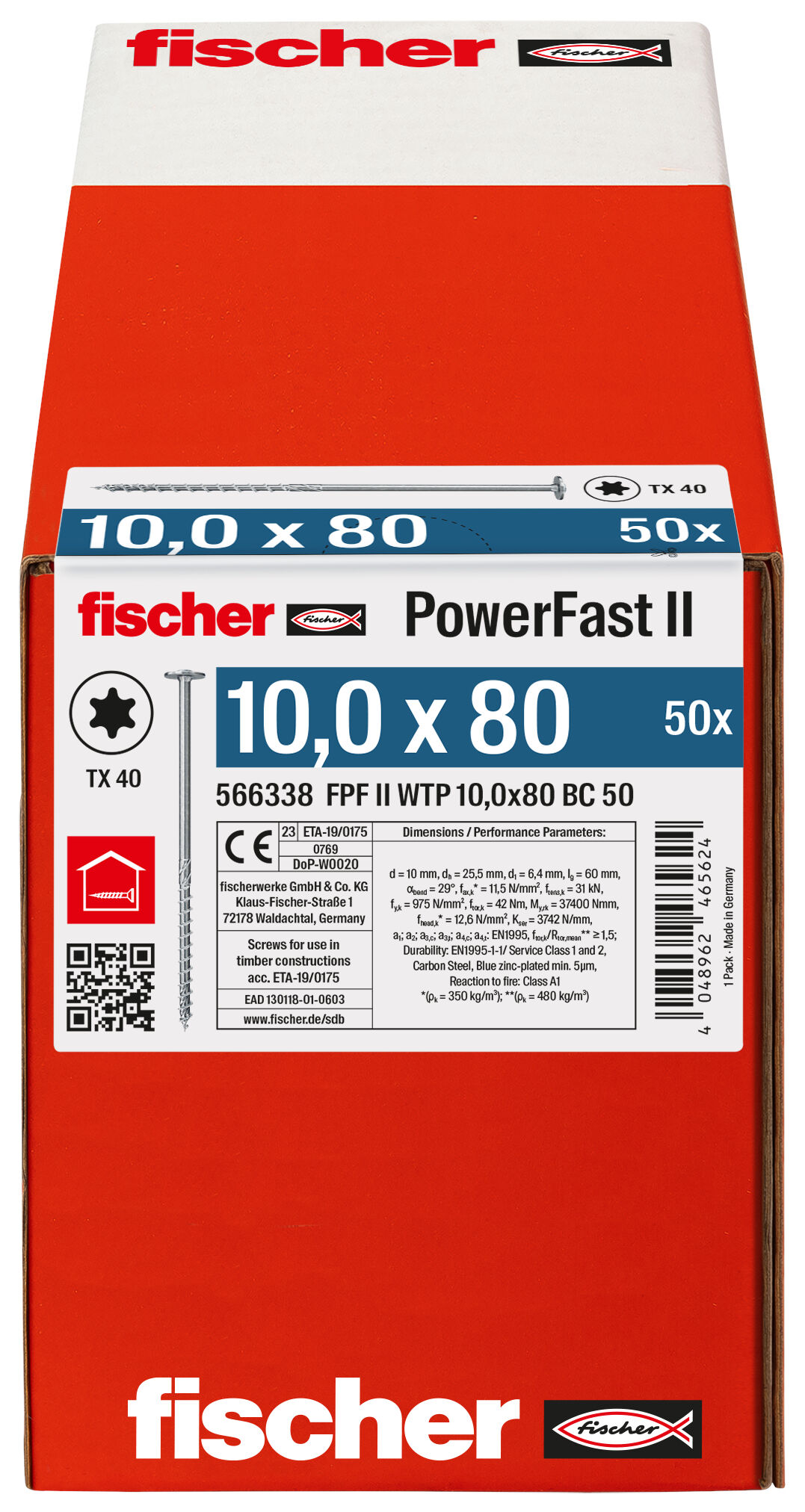 Verpackung: "fischer PowerFast FPF II WTP 10,0 x 80 BC 50 Tellerkopf mit Innenstern TX Teilgewinde galvanisch verzinkt blau passiviert"