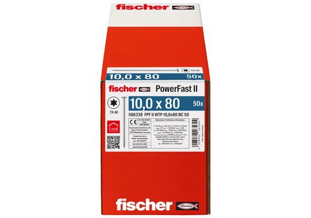 Verpackung: "fischer Holzbauschraube PowerFast FPF II WTP 10,0 x 80 BC 50, Tellerkopf, TX Antrieb, Teilgewinde, blau passiviert, galvanisch verzinkt, 50 Stück"