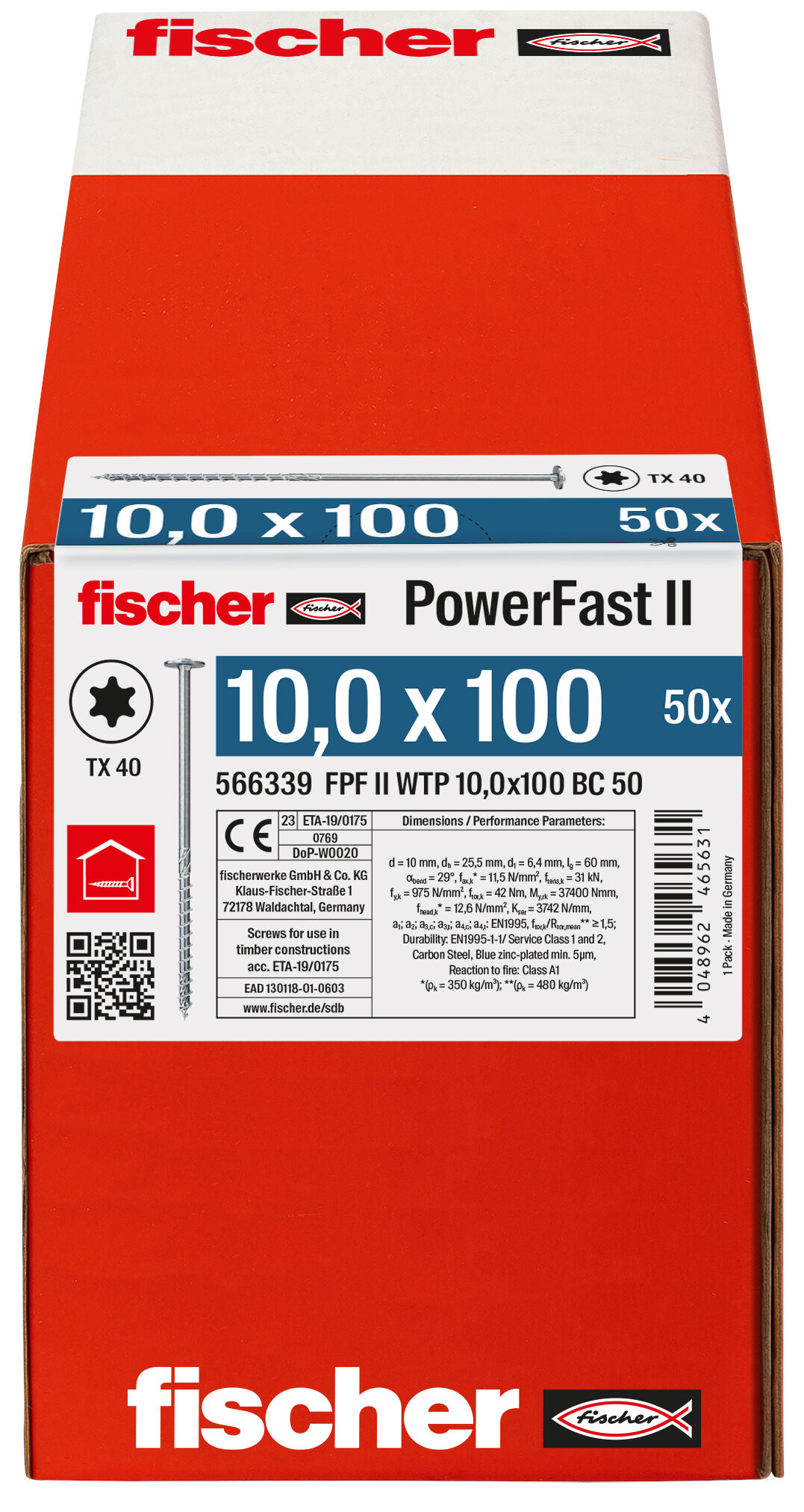 Packaging: "fischer PowerFast FPF II WTP 10.0 x 100 BC 50 flange head TX star recess partial thread blue zinc plated"