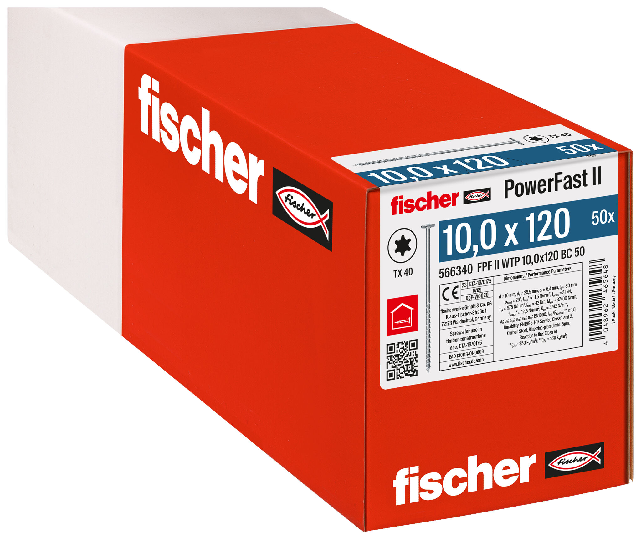 Verpackung: "fischer PowerFast FPF II WTP 10,0 x 120 BC 50 Tellerkopf mit Innenstern TX Teilgewinde galvanisch verzinkt blau passiviert"
