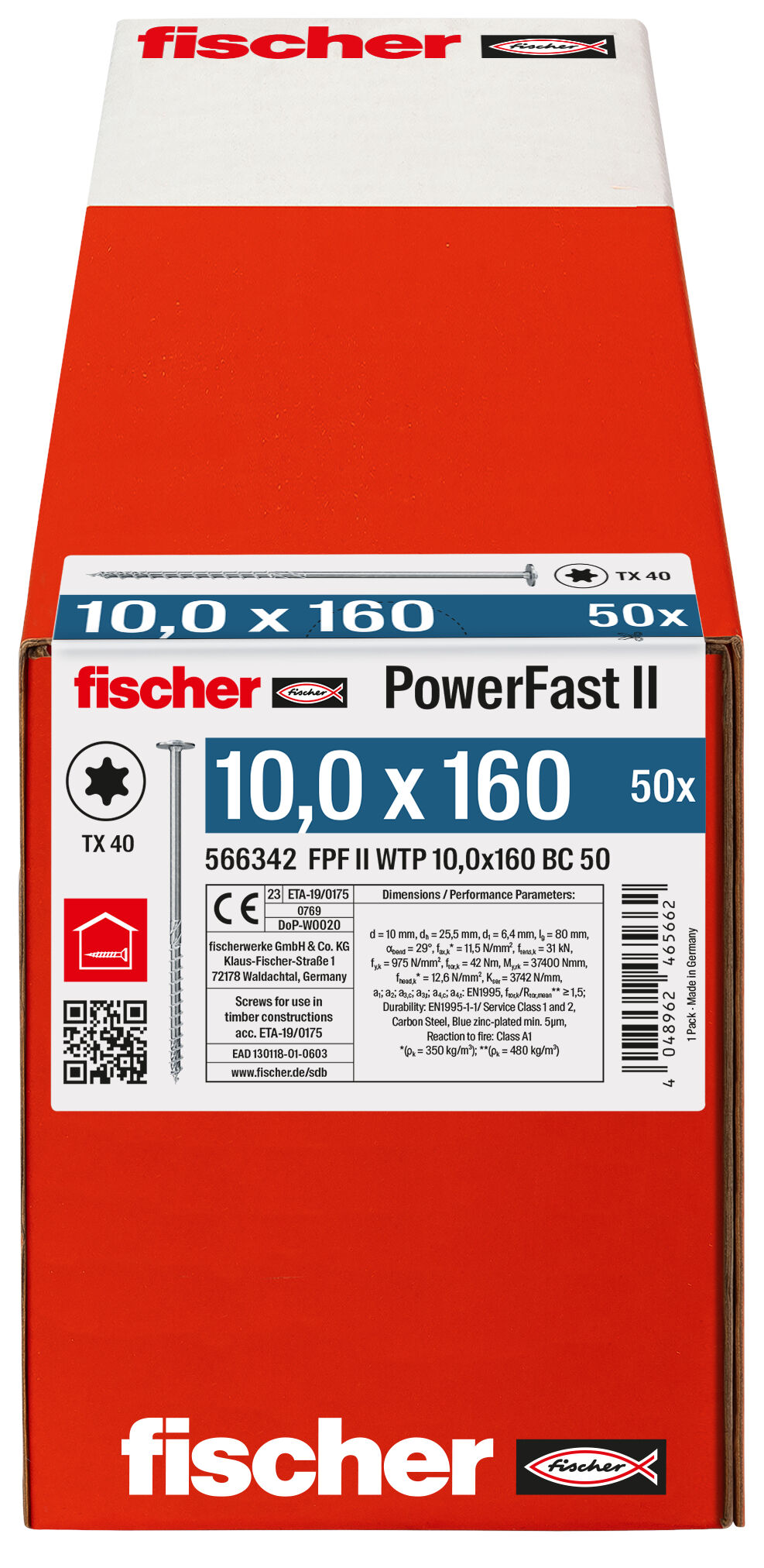 Verpackung: "fischer PowerFast FPF II WTP 10,0 x 160 BC 50 Tellerkopf mit Innenstern TX Teilgewinde galvanisch verzinkt blau passiviert"