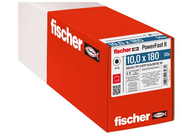 Verpackung: "fischer Holzbauschraube PowerFast FPF II WTP 10,0 x 180 BC 50, Tellerkopf, TX Antrieb, Teilgewinde, blau passiviert, galvanisch verzinkt, 50 Stück"