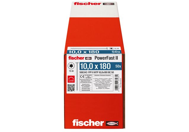 Verpackung: "fischer Holzbauschraube PowerFast FPF II WTP 10,0 x 180 BC 50, Tellerkopf, TX Antrieb, Teilgewinde, blau passiviert, galvanisch verzinkt, 50 Stück"