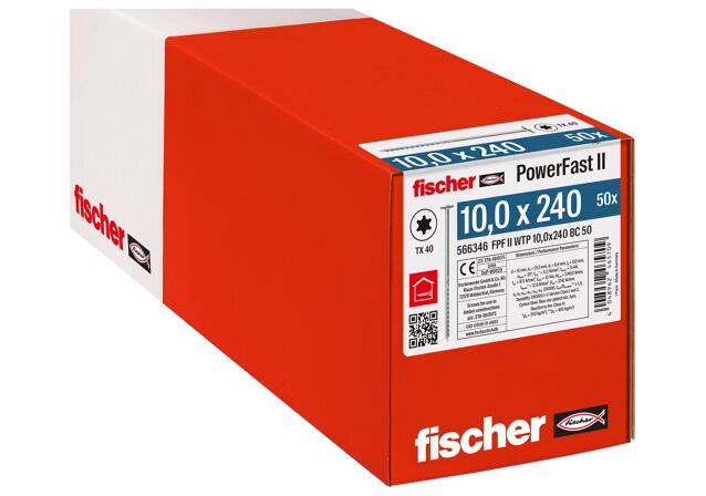 Verpackung: "fischer Holzbauschraube PowerFast FPF II WTP 10,0 x 240 BC 50, Tellerkopf, TX Antrieb, Teilgewinde, blau passiviert, galvanisch verzinkt, 50 Stück"