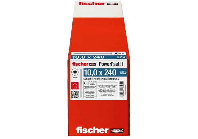 Verpackung: "fischer Holzbauschraube PowerFast FPF II WTP 10,0 x 240 BC 50, Tellerkopf, TX Antrieb, Teilgewinde, blau passiviert, galvanisch verzinkt, 50 Stück"