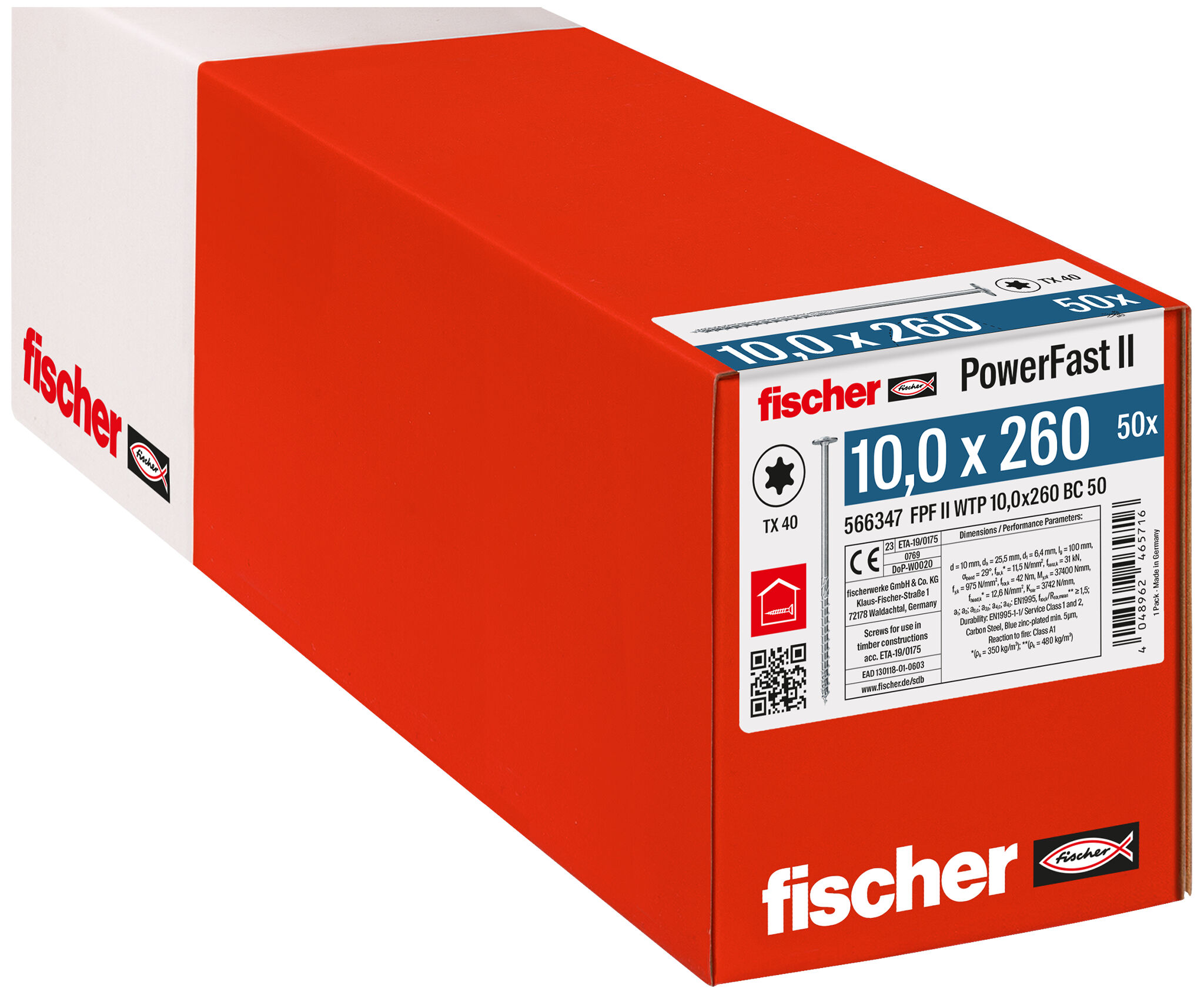 Packaging: "fischer PowerFast FPF II WTP 10.0 x 260 BC 50 laippakanta TX osakierre sähkösinkitty"