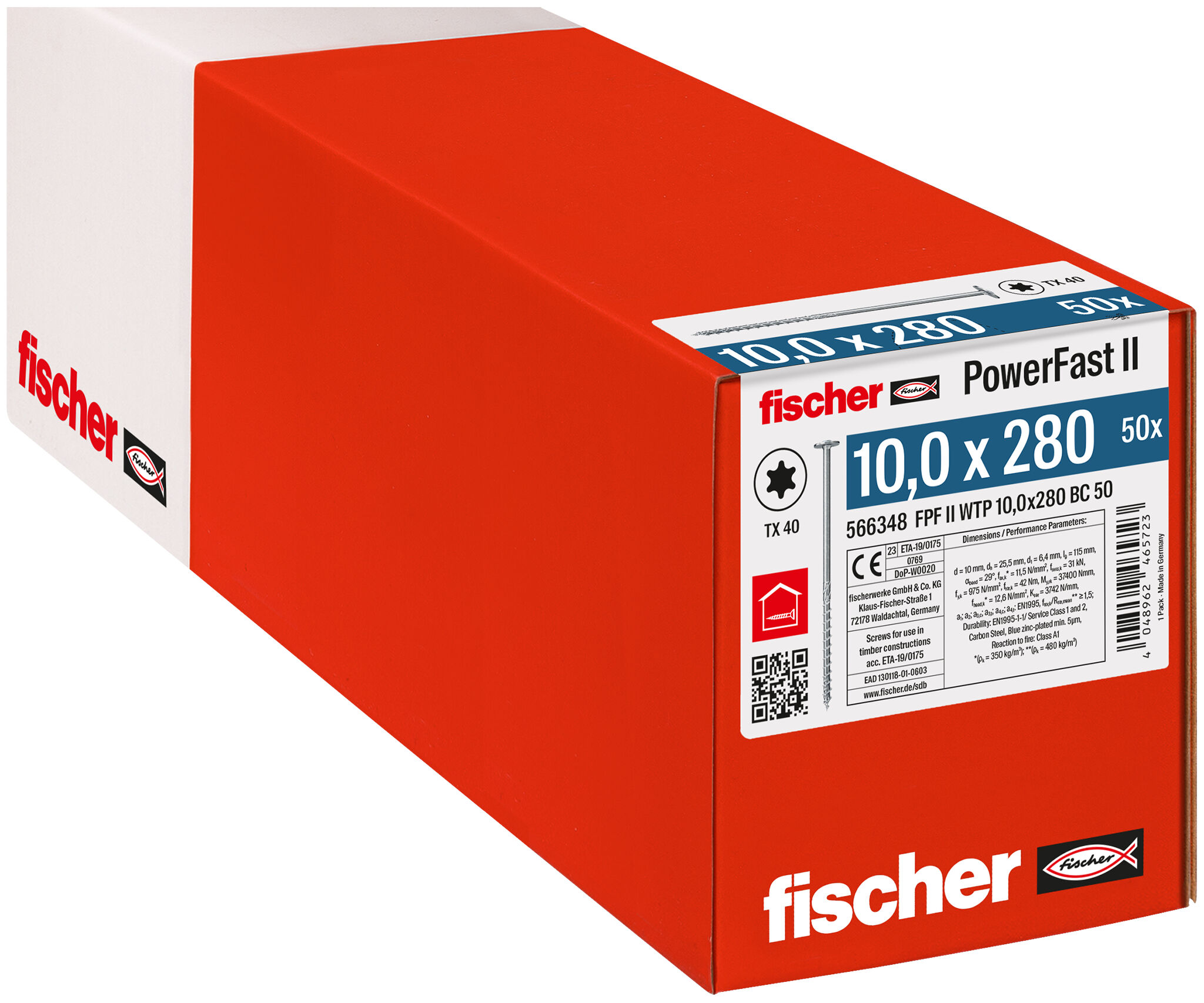 Verpackung: "fischer PowerFast FPF II WTP 10,0 x 280 BC 50 Tellerkopf mit Innenstern TX Teilgewinde galvanisch verzinkt blau passiviert"