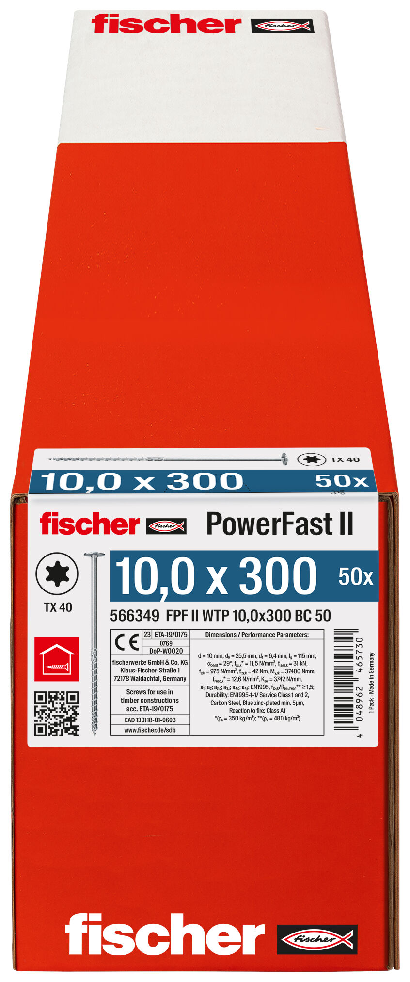 Verpackung: "fischer PowerFast FPF II WTP 10,0 x 300 BC 50 Tellerkopf mit Innenstern TX Teilgewinde galvanisch verzinkt blau passiviert"