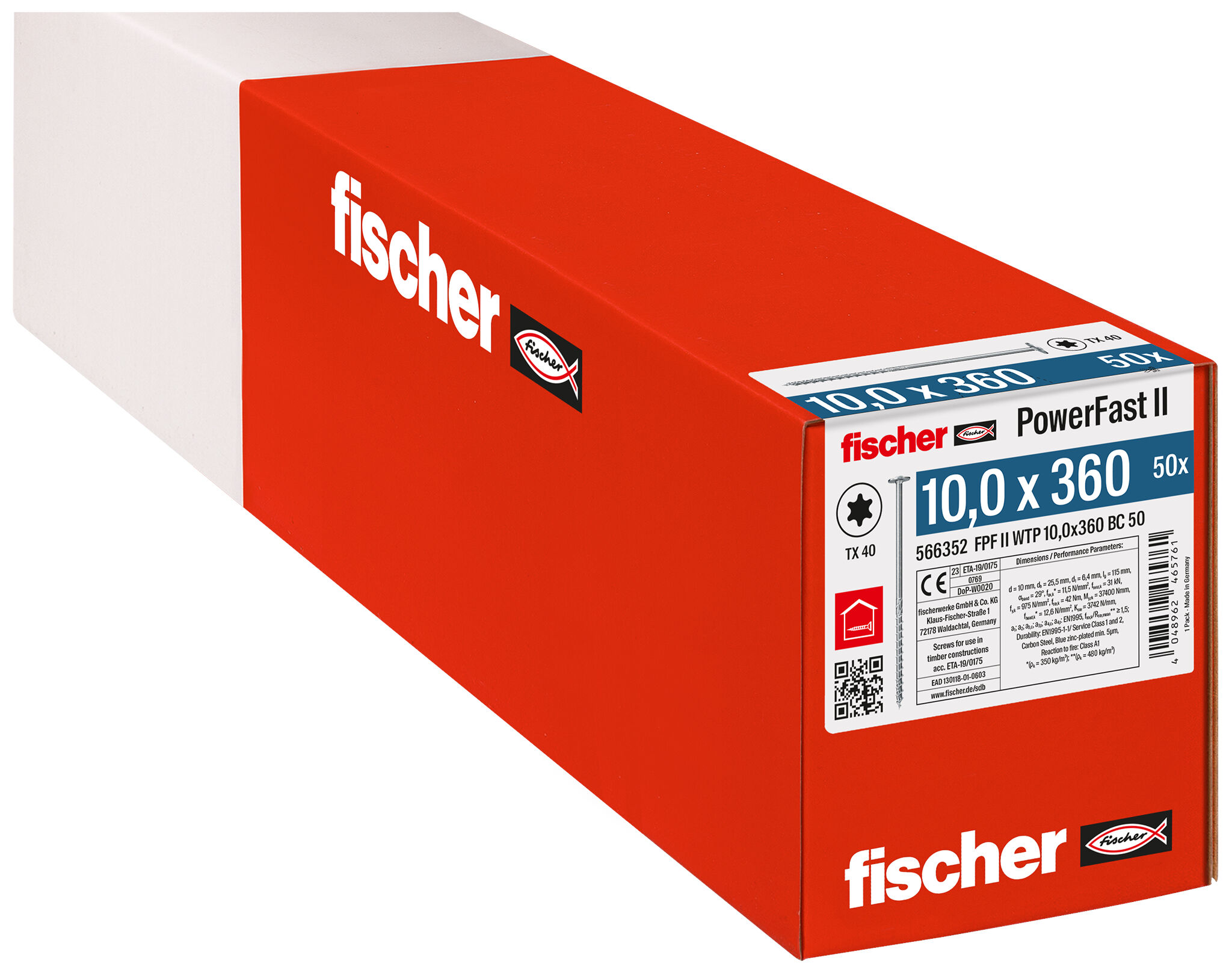 Packaging: "fischer PowerFast FPF II WTP 10.0 x 360 BC 50 flange head TX star recess partial thread blue zinc plated"