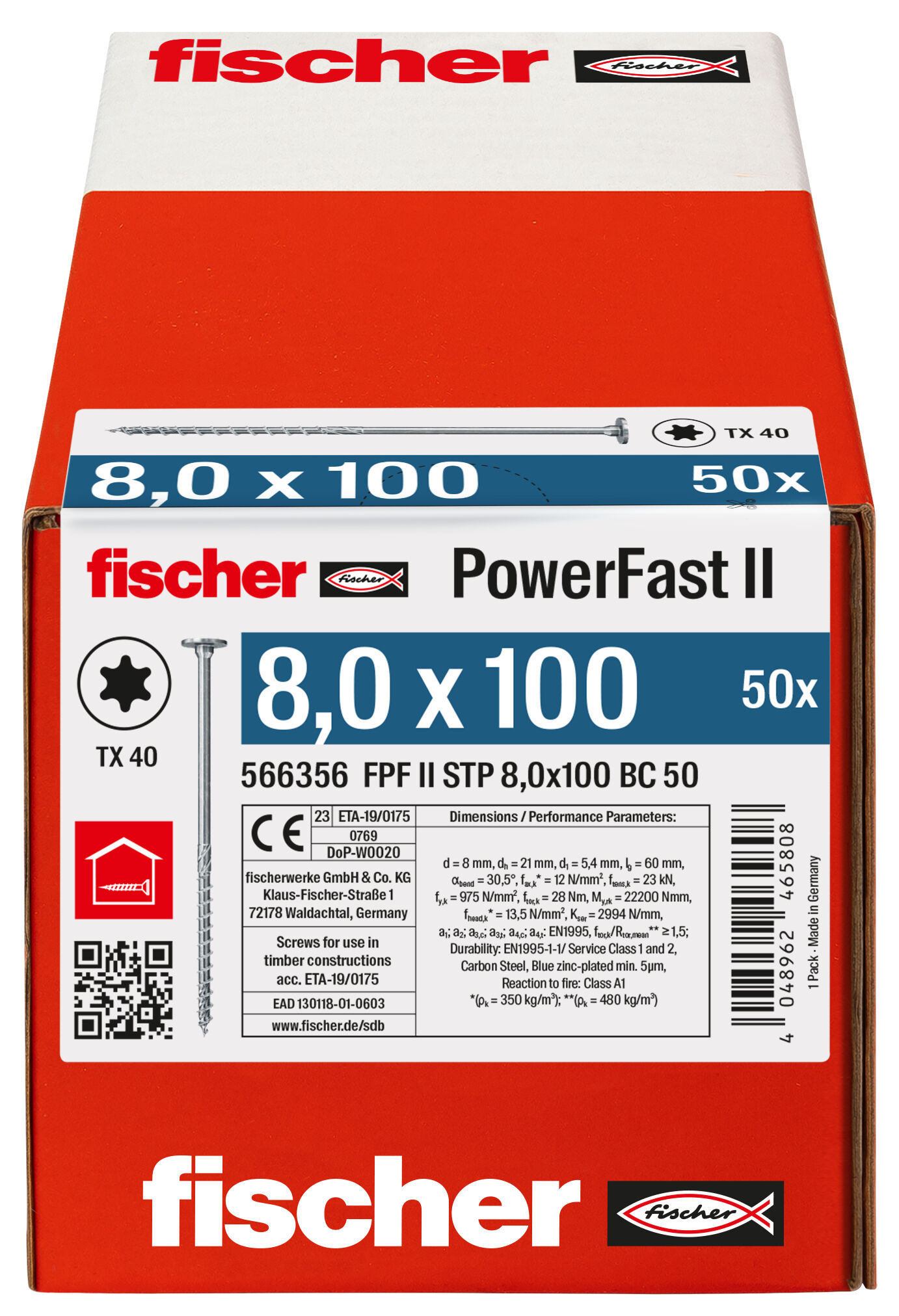 Verpackung: "fischer PowerFast FPF II STP 8,0 x 100 BC 50 Stufensenkkopf mit Innenstern TX Teilgewinde galvanisch verzinkt blau passiviert"