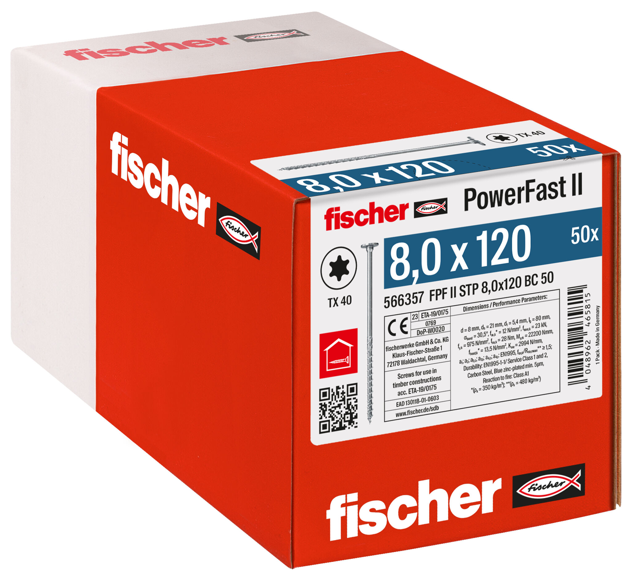 Verpackung: "fischer PowerFast FPF II STP 8,0 x 120 BC 50 Stufensenkkopf mit Innenstern TX Teilgewinde galvanisch verzinkt blau passiviert"