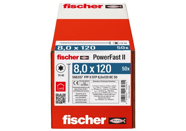 Verpackung: "fischer Holzbauschraube PowerFast FPF II STP 8,0 x 120 BC 50, Stufensenkkopf, TX Antrieb, Teilgewinde, blau passiviert, galvanisch verzinkt, 50 Stück"