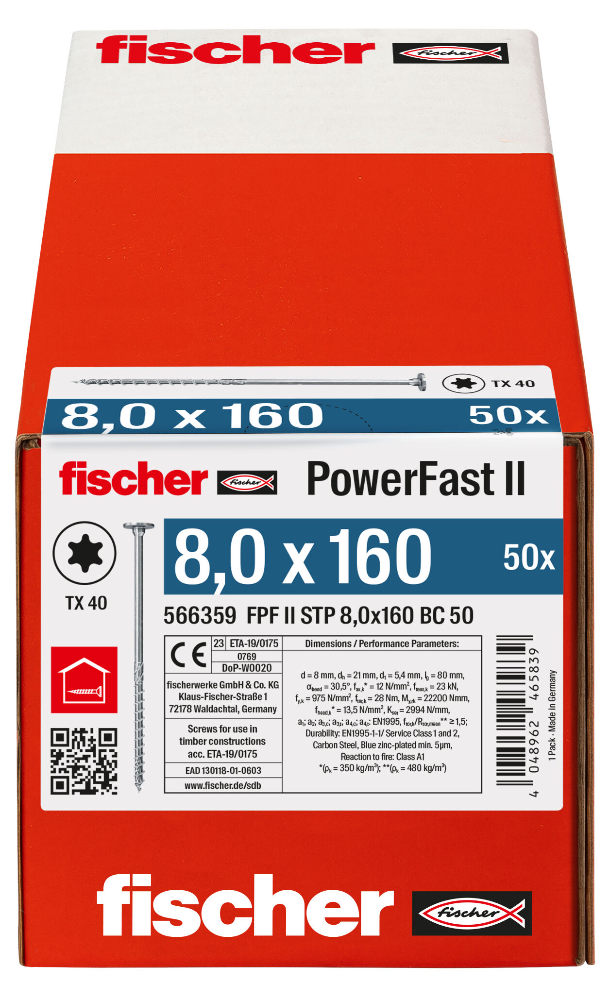 Verpackung: "fischer PowerFast FPF II STP 8,0 x 160 BC 50 Stufensenkkopf mit Innenstern TX Teilgewinde galvanisch verzinkt blau passiviert"