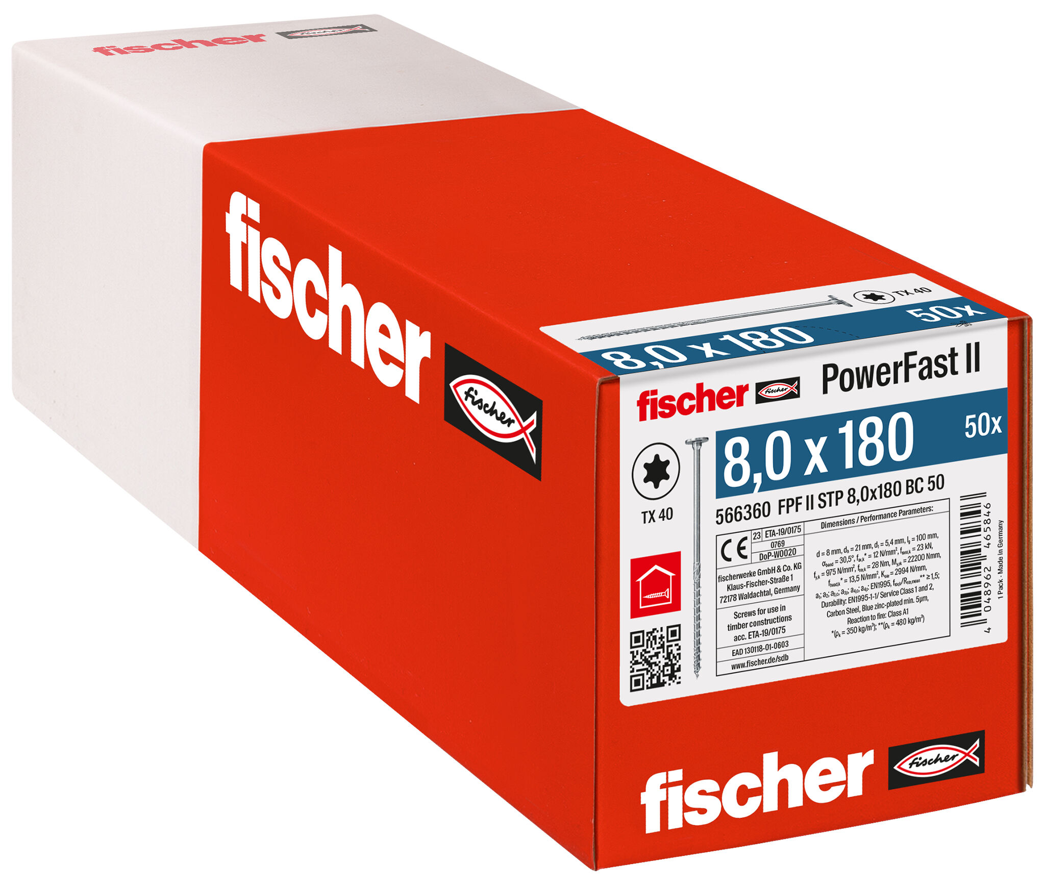 Verpackung: "fischer PowerFast FPF II STP 8,0 x 180 BC 50 Stufensenkkopf mit Innenstern TX Teilgewinde galvanisch verzinkt blau passiviert"