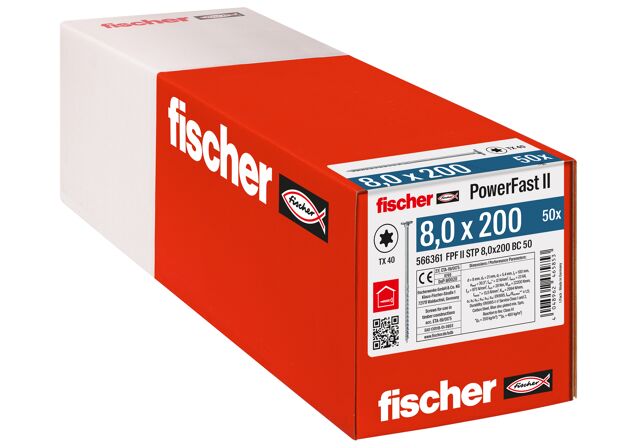 Verpackung: "fischer Holzbauschraube PowerFast FPF II STP 8,0 x 200 BC 50, Stufensenkkopf, TX Antrieb, Teilgewinde, blau passiviert, galvanisch verzinkt, 50 Stück"