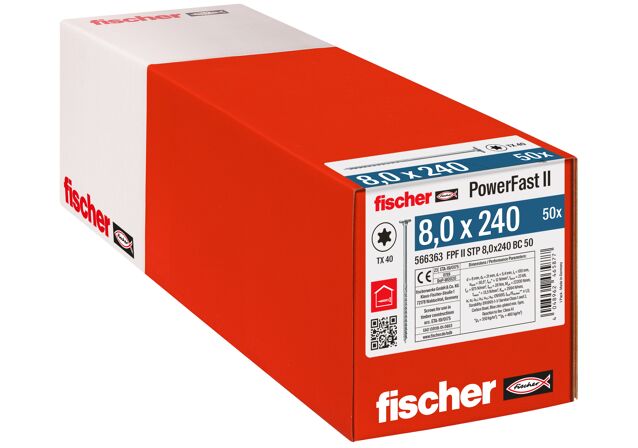 Verpackung: "fischer Holzbauschraube PowerFast FPF II STP 8,0 x 240 BC 50, Stufensenkkopf, TX Antrieb, Teilgewinde, blau passiviert, galvanisch verzinkt, 50 Stück"
