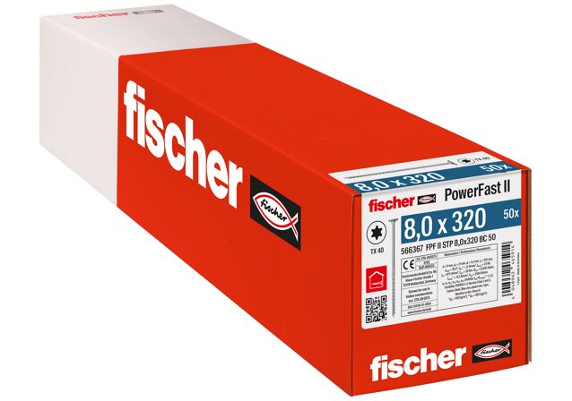 Verpackung: "fischer Holzbauschraube PowerFast FPF II STP 8,0 x 320 BC 50, Stufensenkkopf, TX Antrieb, Teilgewinde, blau passiviert, galvanisch verzinkt, 50 Stück"