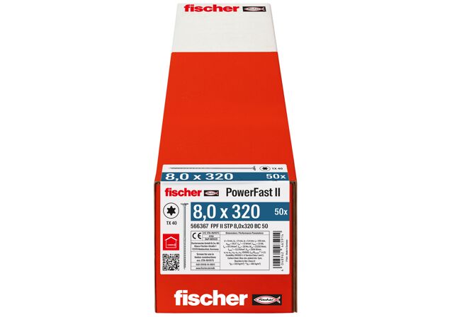 Verpackung: "fischer Holzbauschraube PowerFast FPF II STP 8,0 x 320 BC 50, Stufensenkkopf, TX Antrieb, Teilgewinde, blau passiviert, galvanisch verzinkt, 50 Stück"