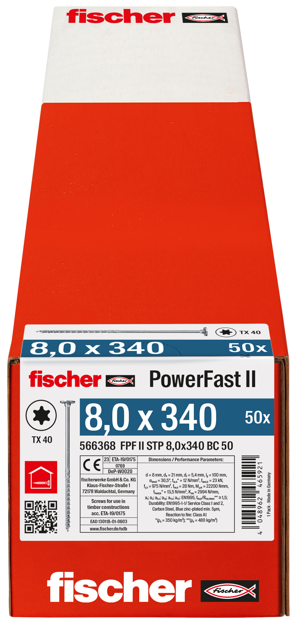 Verpackung: "fischer PowerFast FPF II STP 8,0 x 340 BC 50 Stufensenkkopf mit Innenstern TX Teilgewinde galvanisch verzinkt blau passiviert"