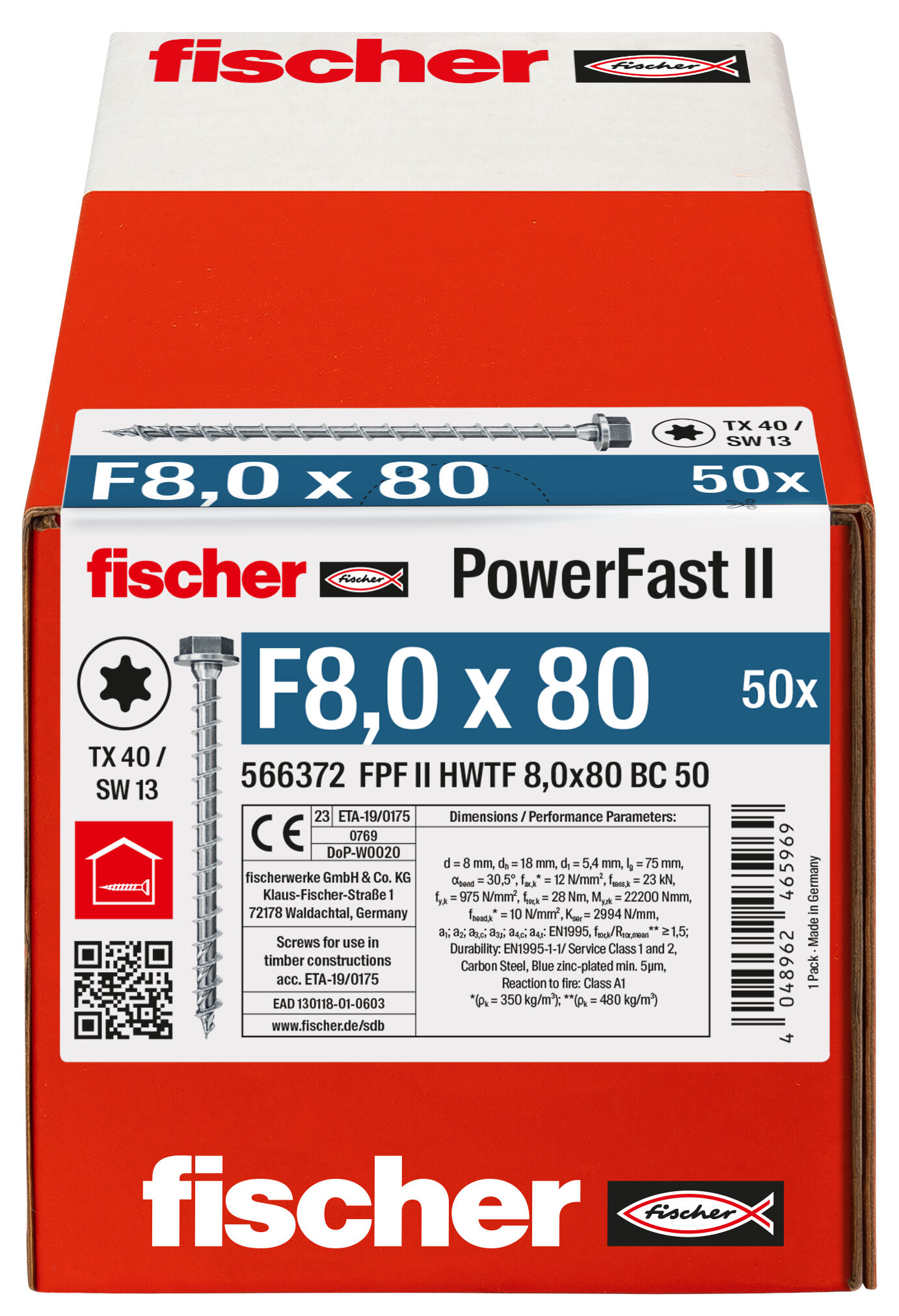 Packaging: "fischer PowerFast FPF II HWTF 8.0 x 80 BC 50 hexagonal head TX star recess full thread blue zinc plated"