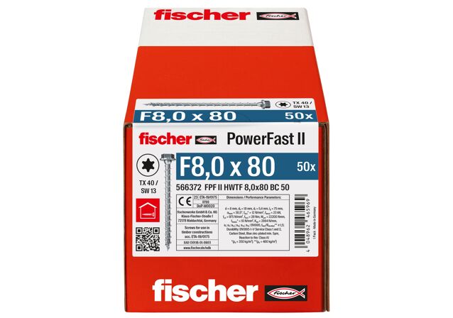 Verpackung: "fischer Holzbauschraube PowerFast FPF II HWTF 8,0 x 80 BC 50, Sechskantkopf, TX / Sechskant Antrieb, Vollgewinde, blau passiviert, galvanisch verzinkt, 50 Stück"