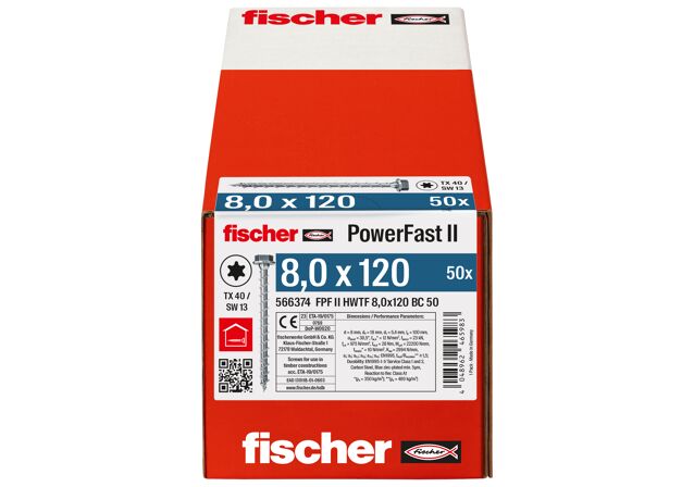 Verpackung: "fischer Holzbauschraube PowerFast FPF II HWTF 8,0 x 120 BC 50, Sechskantkopf, TX / Sechskant Antrieb, Vollgewinde, blau passiviert, galvanisch verzinkt, 50 Stück"