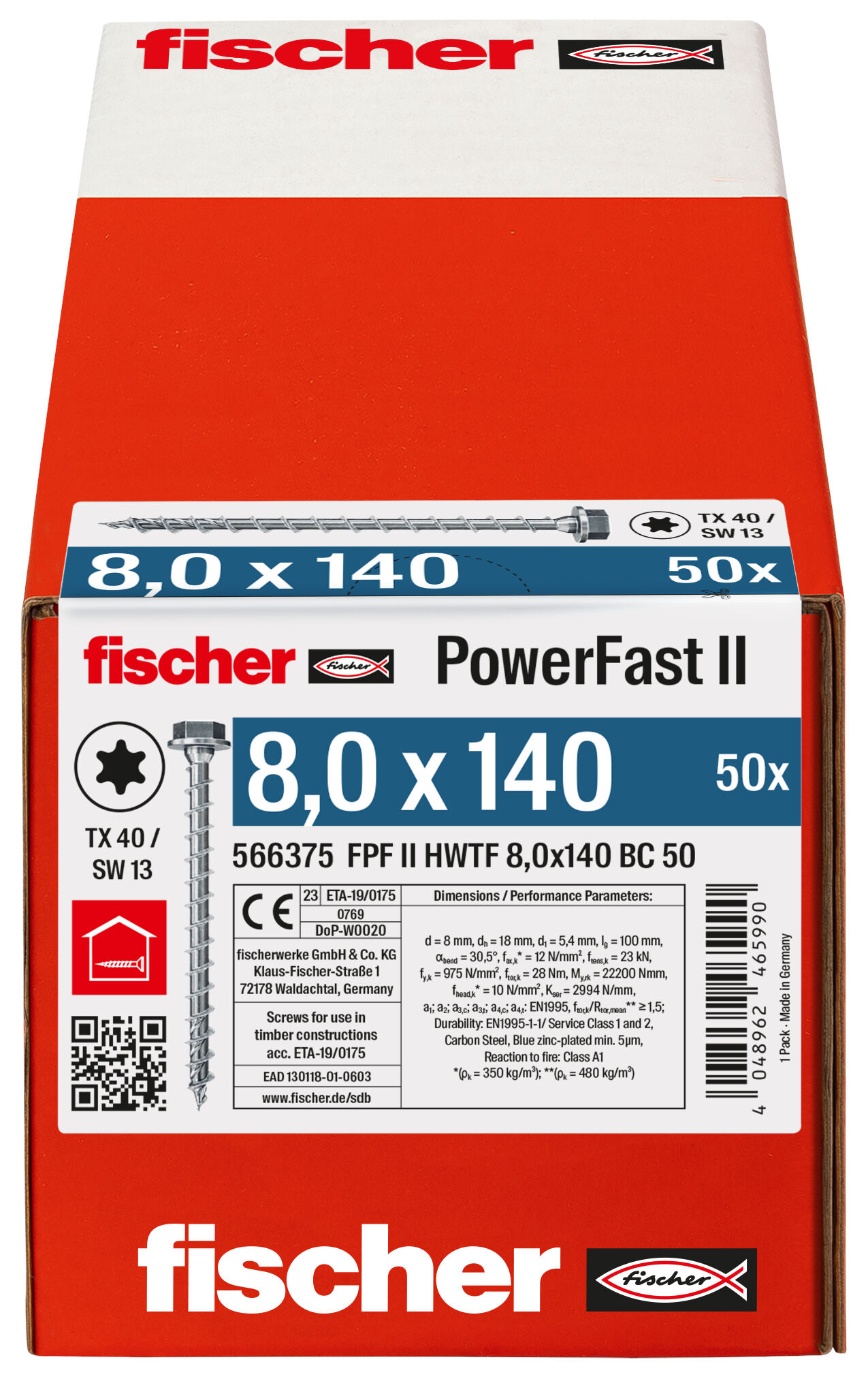 Verpackung: "fischer PowerFast FPF II HWTF 8,0 x 140 BC 50 Sechskantkopf mit Innenstern TX Vollgewinde galvanisch verzinkt blau passiviert"