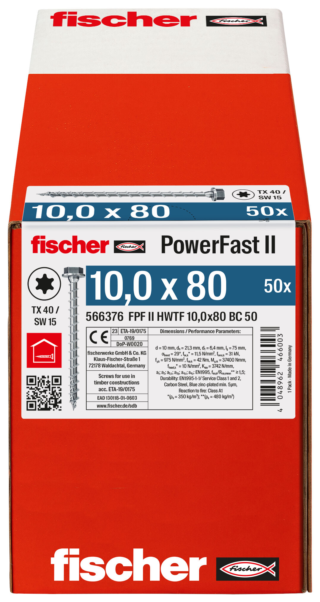 Packaging: "fischer PowerFast FPF II HWTF 10.0 x 80 BC 50 hexagonal head TX star recess full thread blue zinc plated"