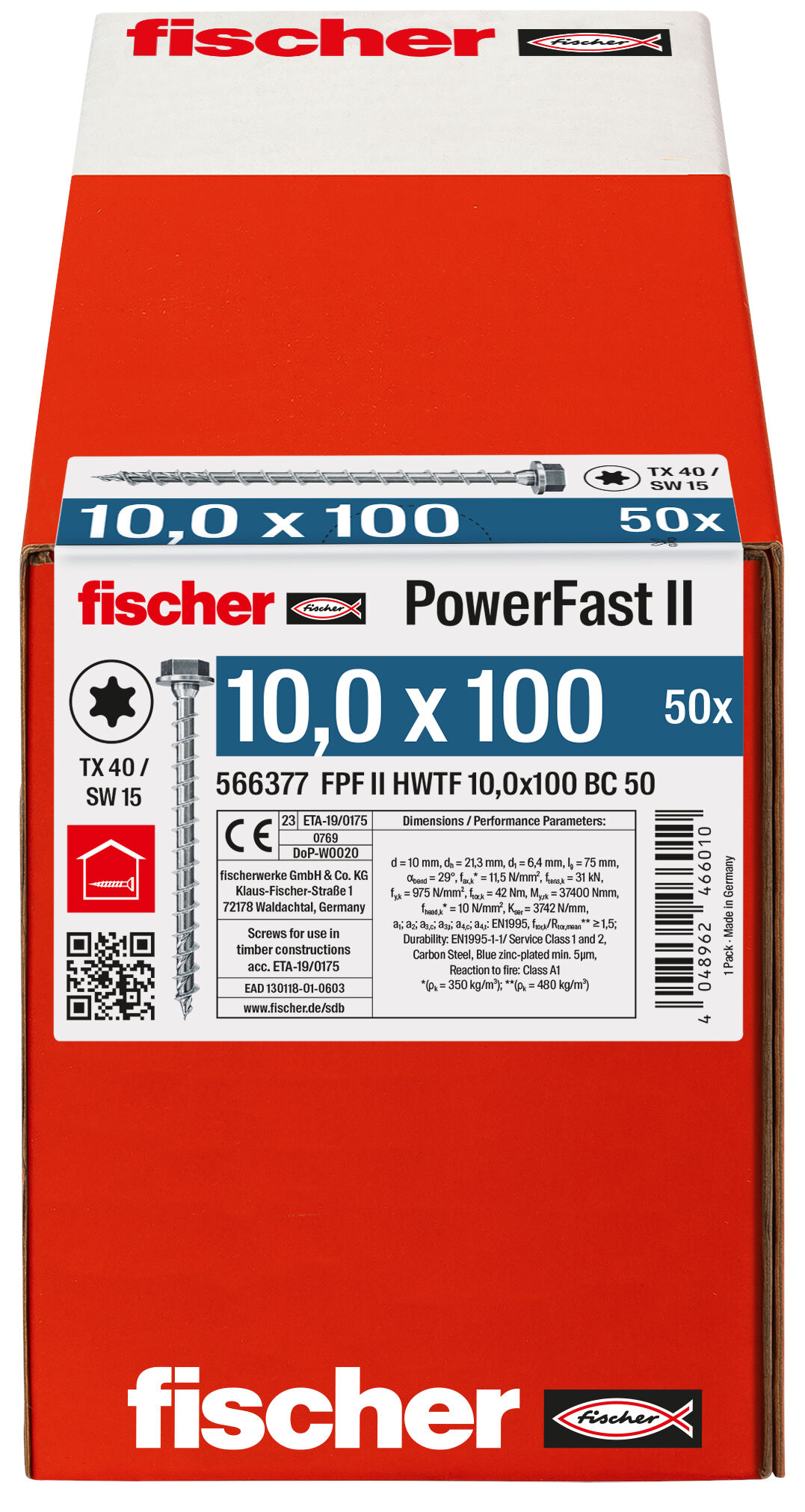 Packaging: "fischer PowerFast FPF II HWTF 10.0 x 100 BC 50 hexagonal head TX star recess full thread blue zinc plated"