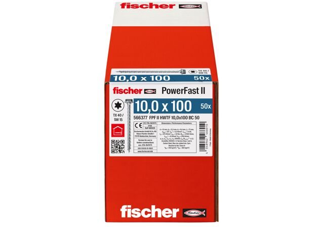 Verpackung: "fischer Holzbauschraube PowerFast FPF II HWTF 10,0 x 100 BC 50, Sechskantkopf, TX / Sechskant Antrieb, Vollgewinde, blau passiviert, galvanisch verzinkt, 50 Stück"