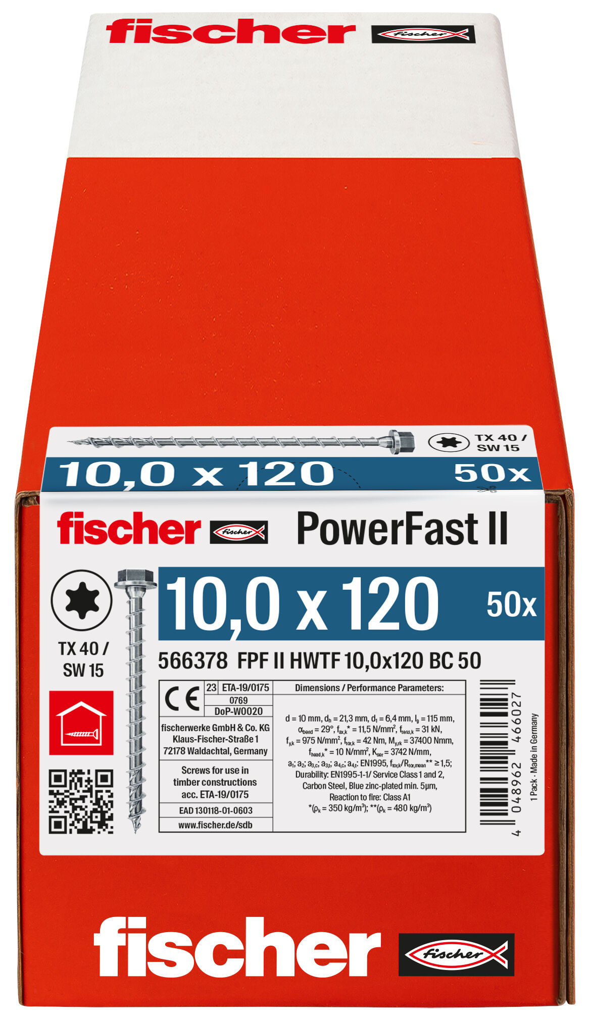 Verpackung: "fischer PowerFast FPF II HWTF 10,0 x 120 BC 50 Sechskantkopf mit Innenstern TX Vollgewinde galvanisch verzinkt blau passiviert"